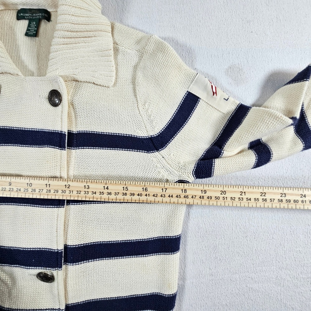 Lauren Ralph Lauren Cardigan Womens L Cream Navy Striped Nautical Anchor Button - Picture 5 of 9